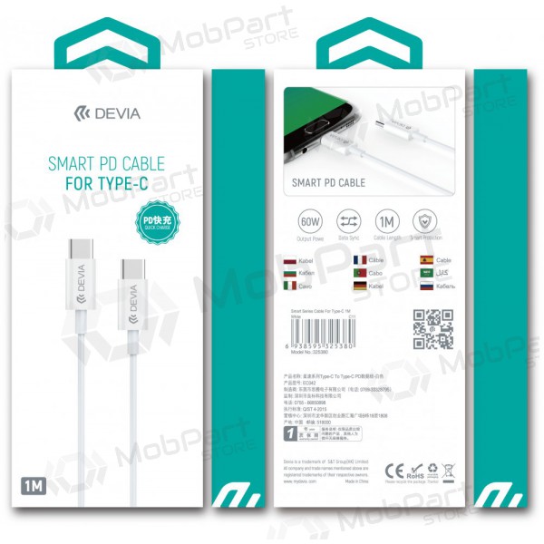 Καλώδιο USB Devia Smart PD Type-C -Type-C 20V 3.0A 60W (λευκό)