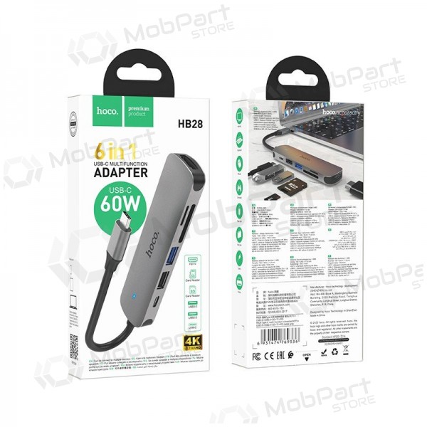 Προσαρμογέας USB-C Hoco HB28 USB-C σε HDMI + USB 3.0 + USB 2.0 + SD + TF + PD γκρι