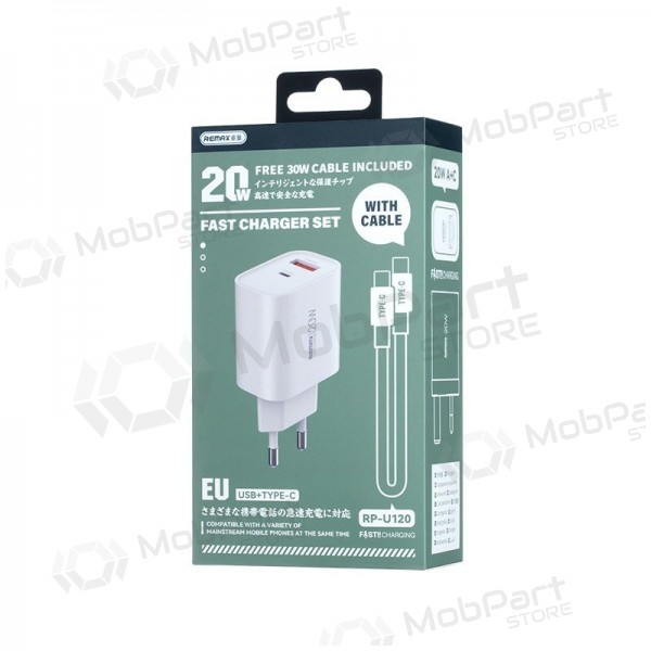 Φορτιστής τηλεφώνου Remax RP-U120 20 W USB-C + USB-A με καλώδιο USB-C 1 m λευκό