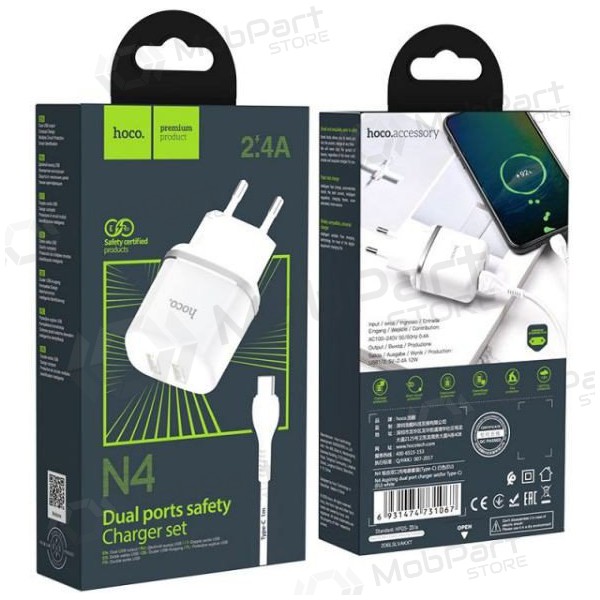Φορτιστής HOCO N4 Aspiring Dual USB + type-C καλώδιο (5V 2.4A) (άσπρο)
