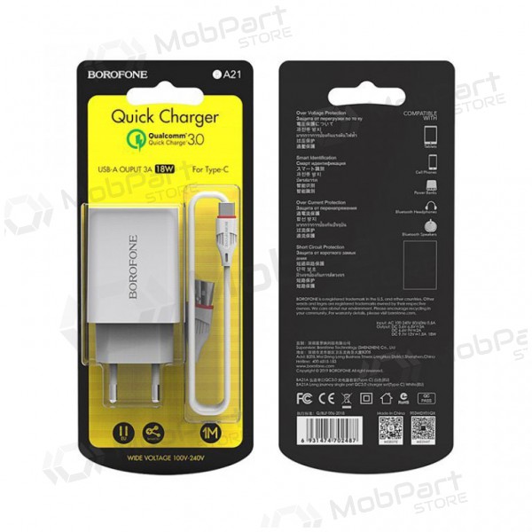 Φορτιστής BOROFONE BA21A Long journey QC3.0 USB + Type-C καλώδιο 18W (3.6V-6.5V/3A, 6.6V-9V/2A, 9.1V-12V/1.5A) (άσπρο)