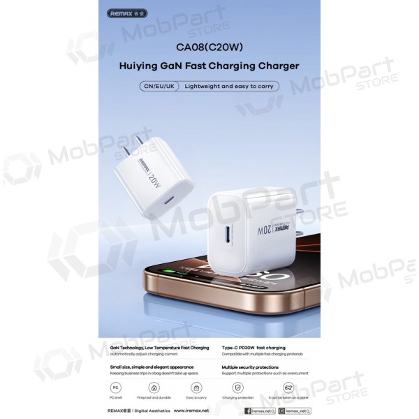 Φορτιστής τηλεφώνου Remax CA08 20 W USB-C λευκός