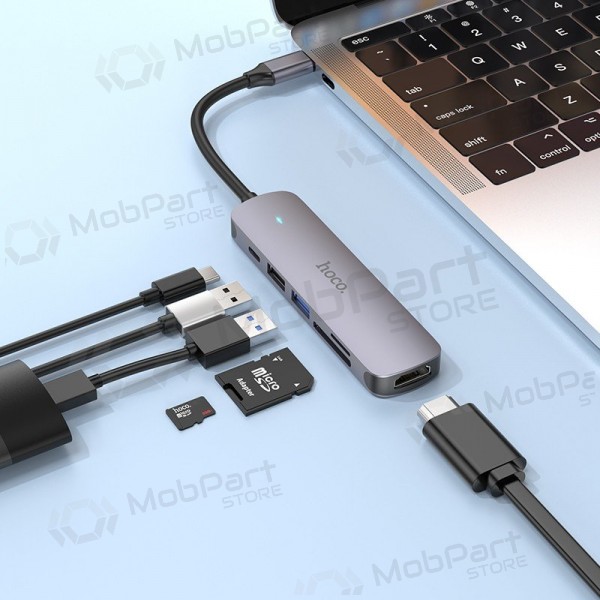 Προσαρμογέας USB-C Hoco HB28 USB-C σε HDMI + USB 3.0 + USB 2.0 + SD + TF + PD γκρι