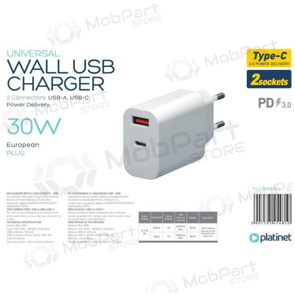 Platinet QuickCharge Type-C+USB 2.4A (30W) φορτιστής