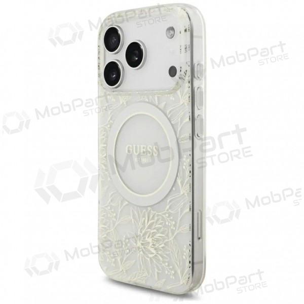Θήκη Apple iPhone 18 Pro - Guess IML Flowers Allover Strap MagSafe (λευκή)