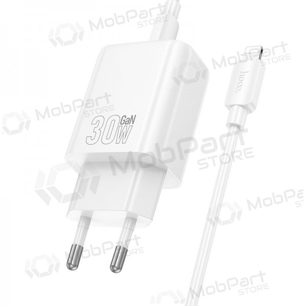 Φορτιστής τηλεφώνου Hoco N63 30 W GaN USB-C + USB-A με καλώδιο Lightning 1 m λευκό