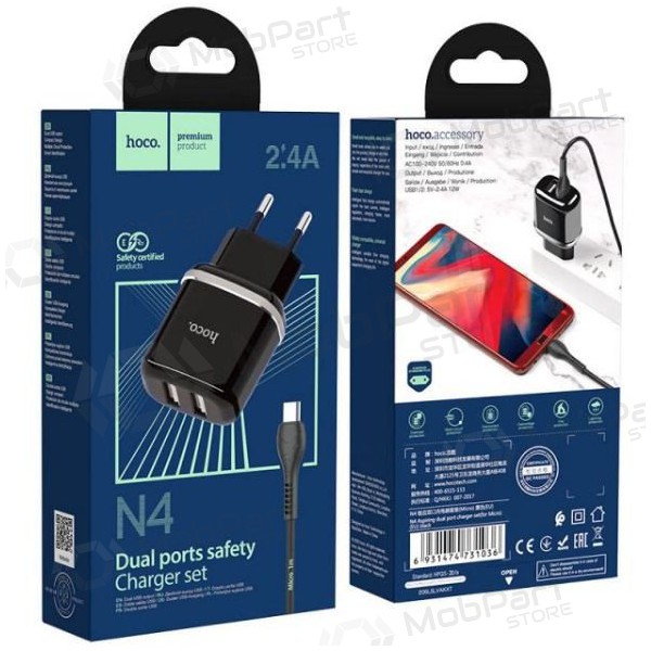 Φορτιστής HOCO N4 Aspiring Dual USB + microUSB καλώδιο (5V 2.4A) (μαύρος)