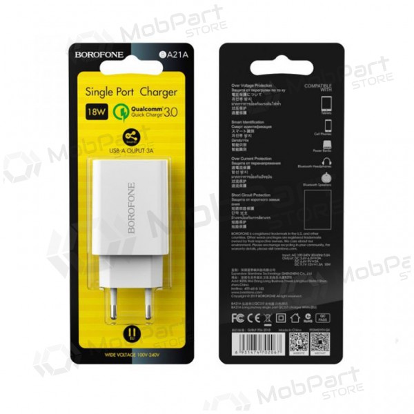 Φορτιστής BOROFONE BA21A Long journey QC3.0 USB 18W (3.6V-6.5V/3A, 6.6V-9V/2A, 9.1V-12V/1.5A) (άσπρο)