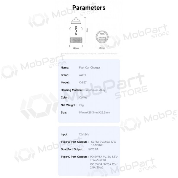 Φορτιστης αυτοκινητου Awei C-857 33W USB-C/USB-A μαύρος