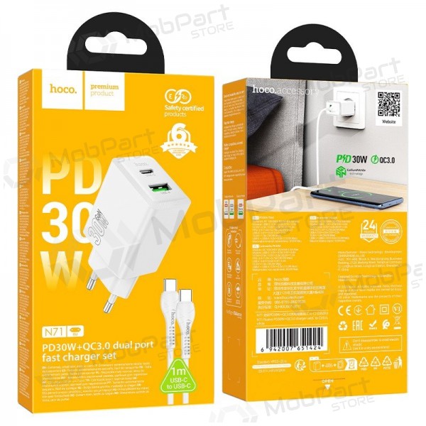 Φορτιστής τηλεφώνου Hoco N71 30 W GaN USB-C + USB-A με καλώδιο USB-C 1 m λευκό