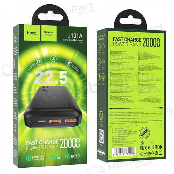 Εξωτερική μπαταρία Power Bank Hoco J101A PD 20W+Quick Charge 3.0 22.5W 20000mAh μαύρος
