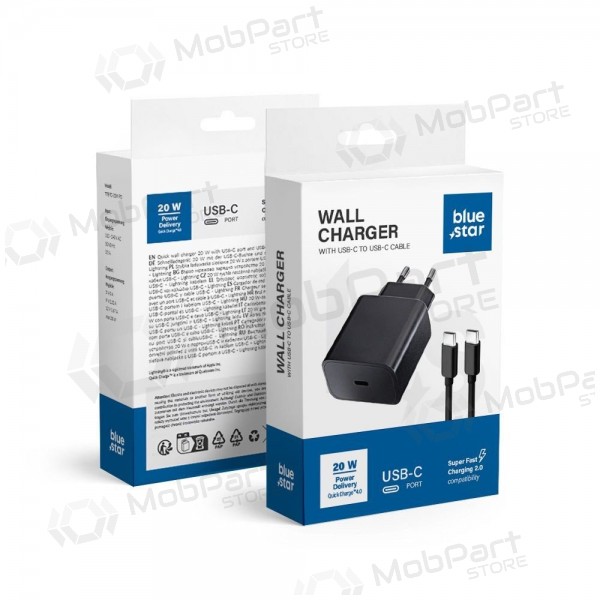 Φορτιστής τηλεφώνου Blue Star 20 W USB-C με καλώδιο USB-C μαύρο