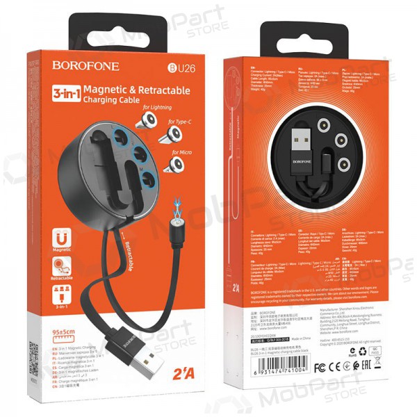 USB καλώδιο Borofone BU26 3in1 microUSB-Lightning-Type-C magnetinic 1.0m (μαύρος)