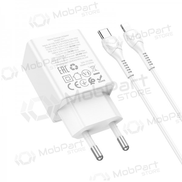 Φορτιστής τηλεφώνου Hoco N71 30 W GaN USB-C + USB-A με καλώδιο Lightning 1 m λευκό