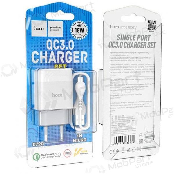 Φορτιστής HOCO C72Q Glorious USB + microUSB καλώδιο (QC3.0) (άσπρο)