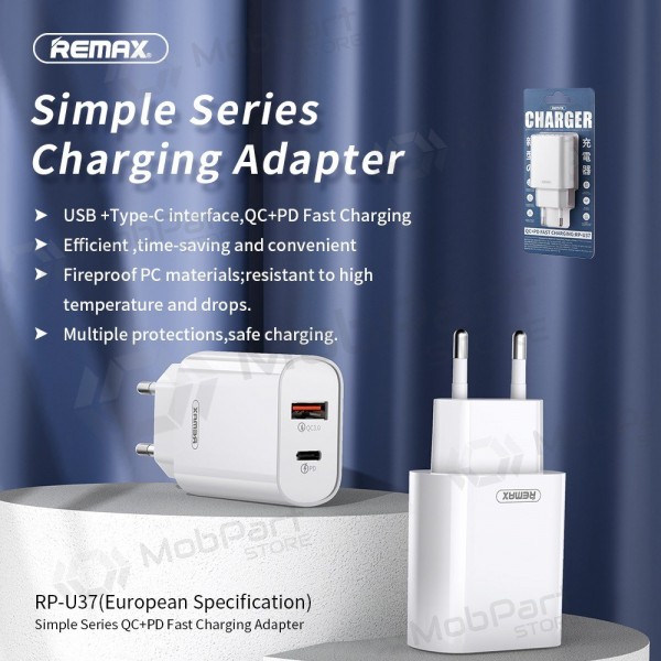 Φορτιστής τηλεφώνου Remax RP-U37 20 W USB-C + USB-A λευκός