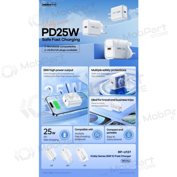 Φορτιστής τηλεφώνου Remax RP-U137 25 W USB-C λευκός