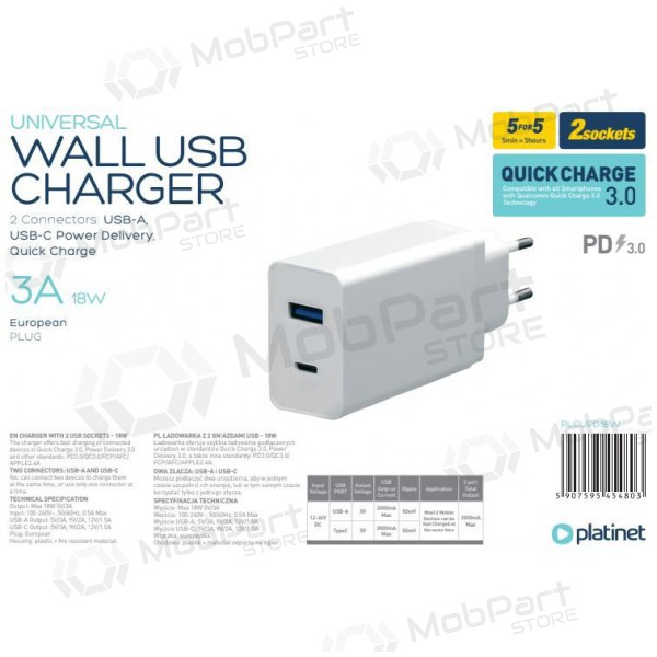 Platinet QuickCharge Type-C+USB 3.0A (18W) φορτιστής