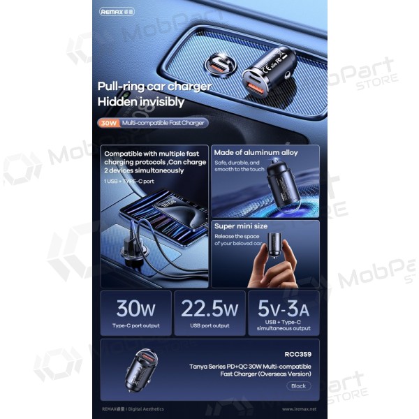 Φορτιστής αυτοκινήτου τηλεφώνου Remax RCC359 30 W USB-C + USB-A μαύρο