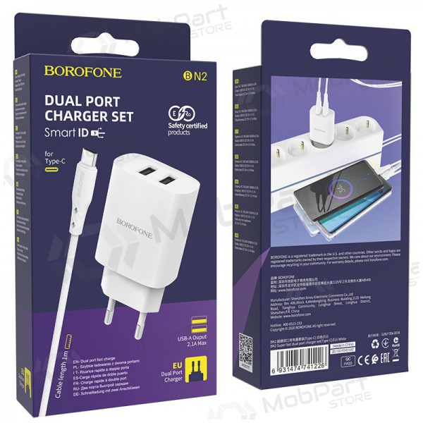 Φορτιστής Borofone BN2 2xUSB 2.1A + USB Type-C (άσπρο)