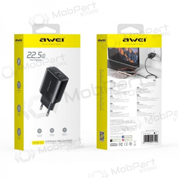Φορτιστής τηλεφώνου Awei PD85T-EU 22.5 W USB-C + USB-A με καλώδιο USB-C 1 m μαύρο