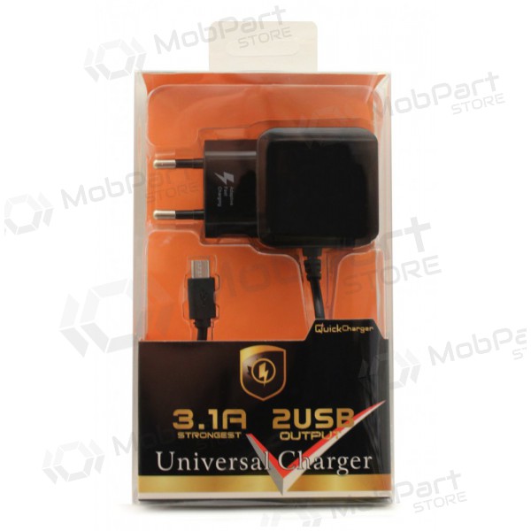 Φορτιστής F13c FastCharging x 2 USB (3.1A) + microUSB (μαύρο)