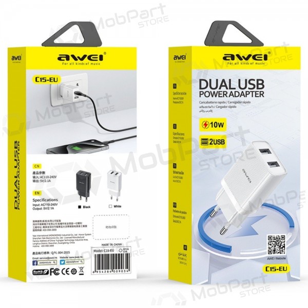 Φορτιστής Awei C15-EU 2xUSB-A 10W άσπρο