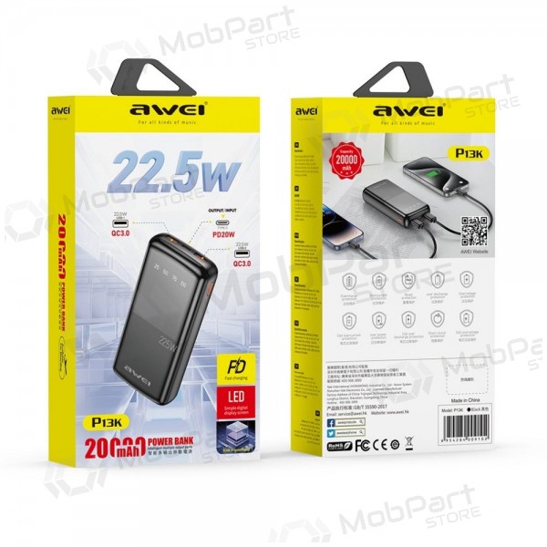 Εξωτερική μπαταρία Power Bank Awei P13K PD20W/QC22.5W 20000mAh μαύρος