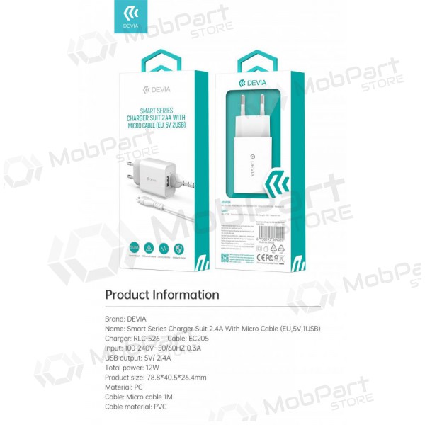 Φορτιστής Devia Smart x 2 USB (2.4A) + MicroUSB, (άσπρο)