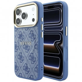 Θήκη Apple iPhone 18 Pro Max - Guess PU Leather 4G Gold Frame Embossed MagSafe (μπλε)