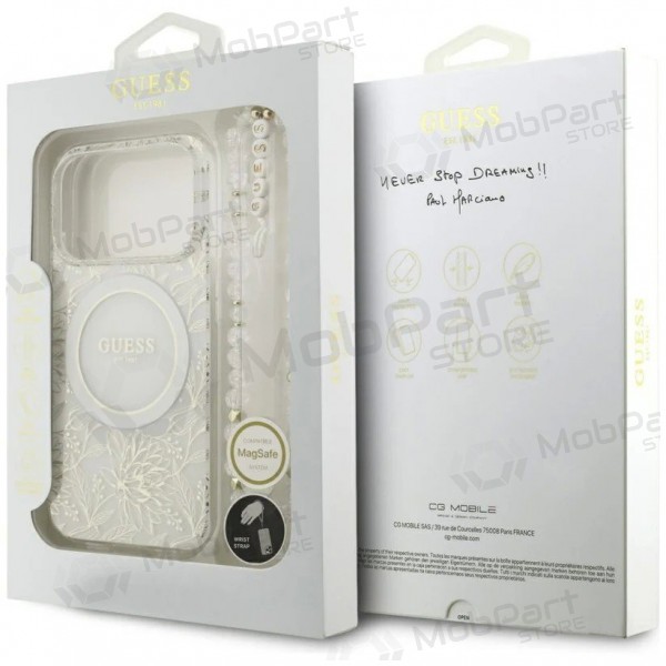 Θήκη Apple iPhone 18 Pro - Guess IML Flowers Allover Strap MagSafe (λευκή)