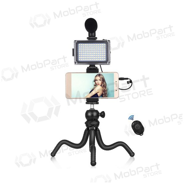 Blogerio rinkinys su lanksčiu stovu, LED apšvietimu, telefono laikikliu και mikrofonu